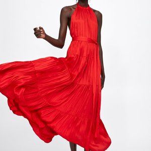 Zara Vibrant Red Halter Top Maxi Dress